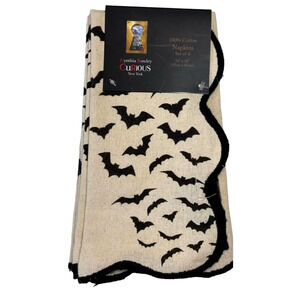 Cynthia Rowley BAT Dinner Napkins 4pc 18x18 Scalloped Edge Beige & Black New